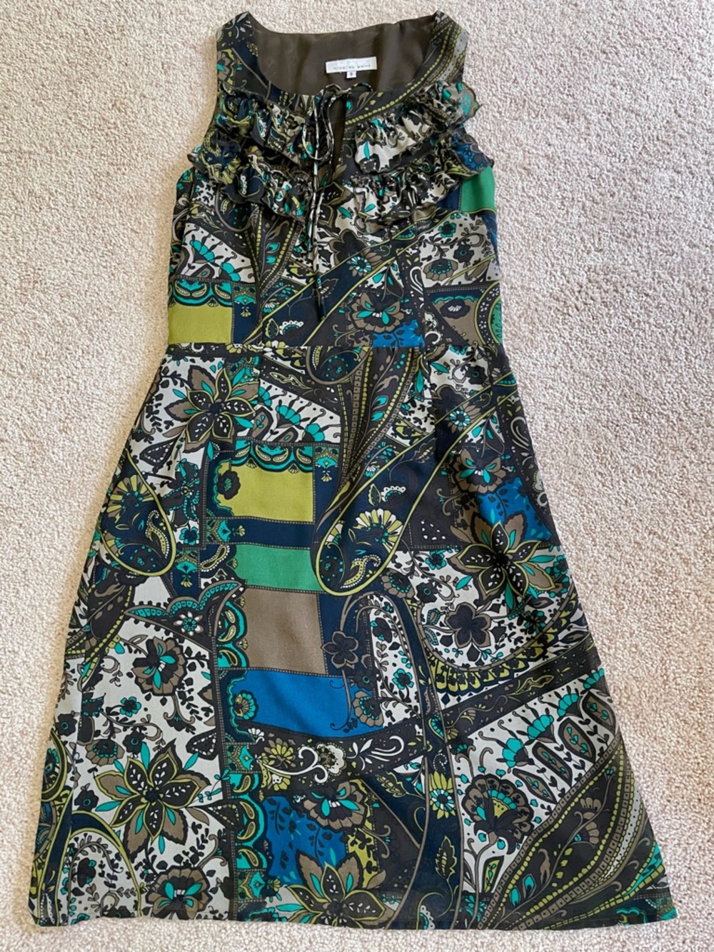 Floral Green Sleeveless Dress with Ruffle Detail